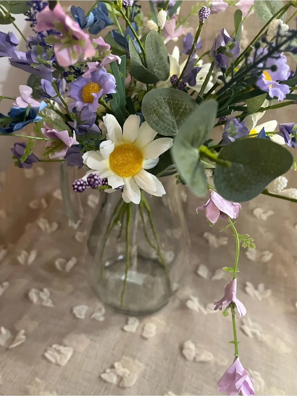 Handcrafted Faux Floral Bouquet with White, Purple & Blue Accents